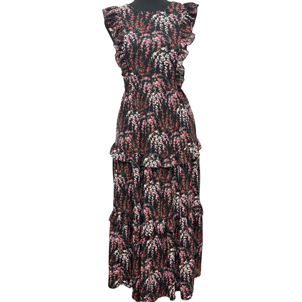 J.Crew Floral Tiered Midi Dress Ruffle Sleeve Black Pink Size 4 Romantic